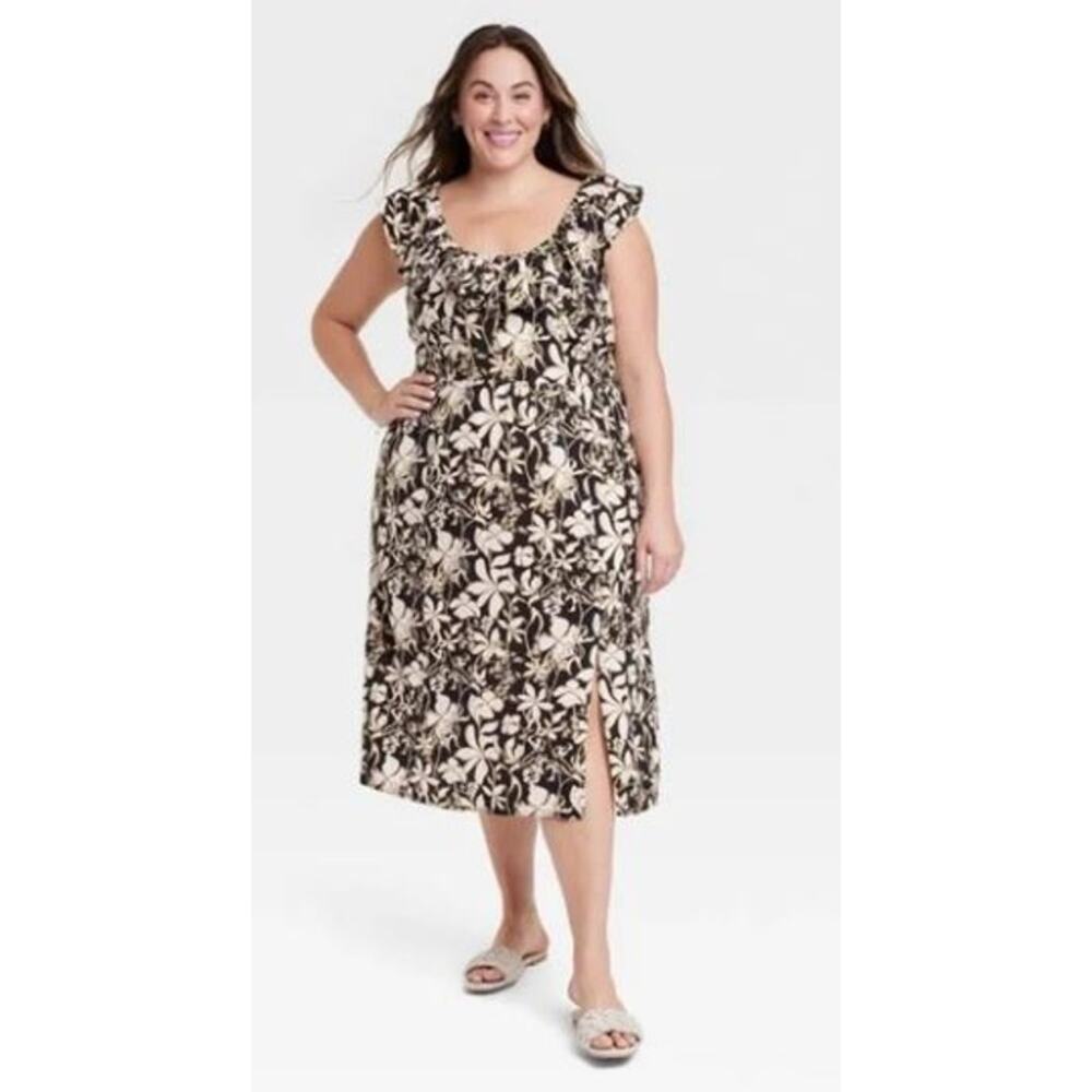 AVA & Viv Ruffle Sleeve Empire Waist Linen Blend Dress in Black Floral - 1X